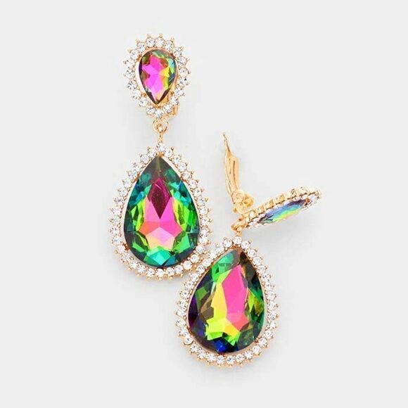 Oil Spill Glass Crystal Pave Trim Teardrop Clip on Earrings NWT - Picture 1 of 5